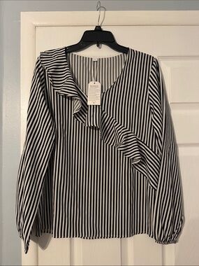 Striped Ruffle V-Neck Blouse - Black and White